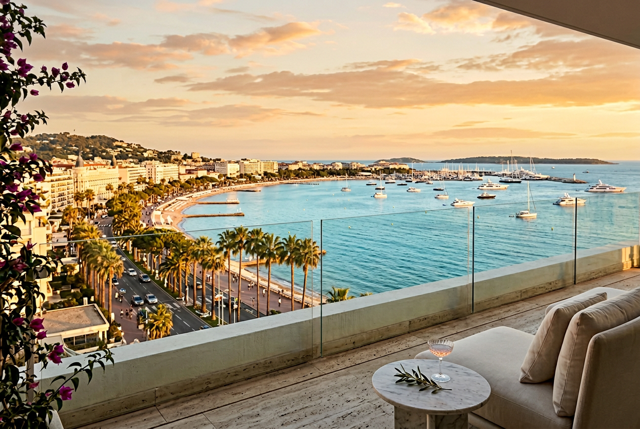 Vue panoramique d'une destination méditerranéenne depuis une terrasse premium